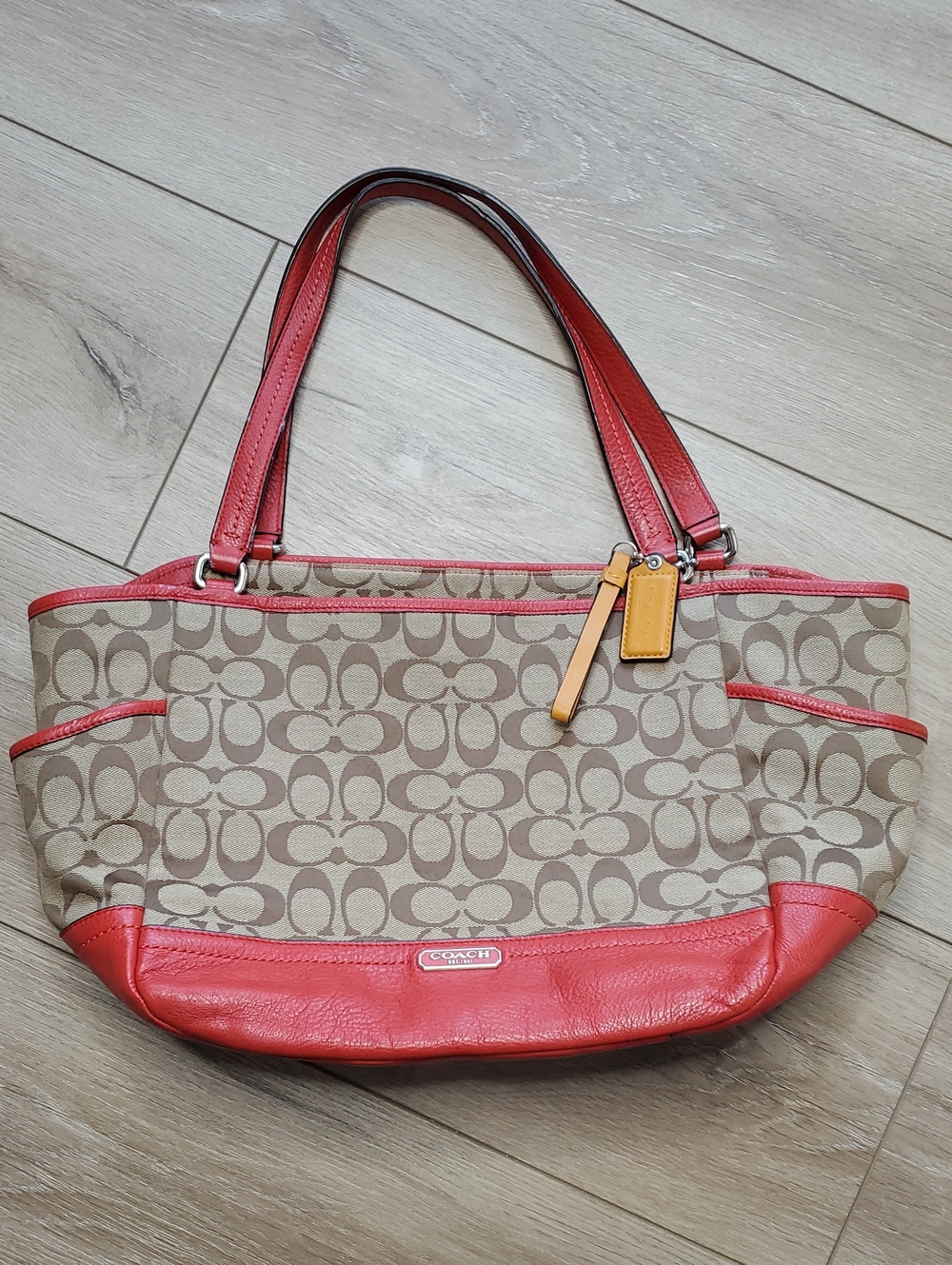 Coach Beige Signature Tote with Red Leather Accents